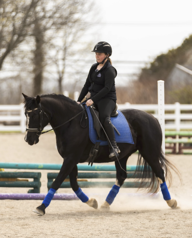 Young woman riding a black horse with blue leg wraps and saddle in an outdoor equestrian arena.