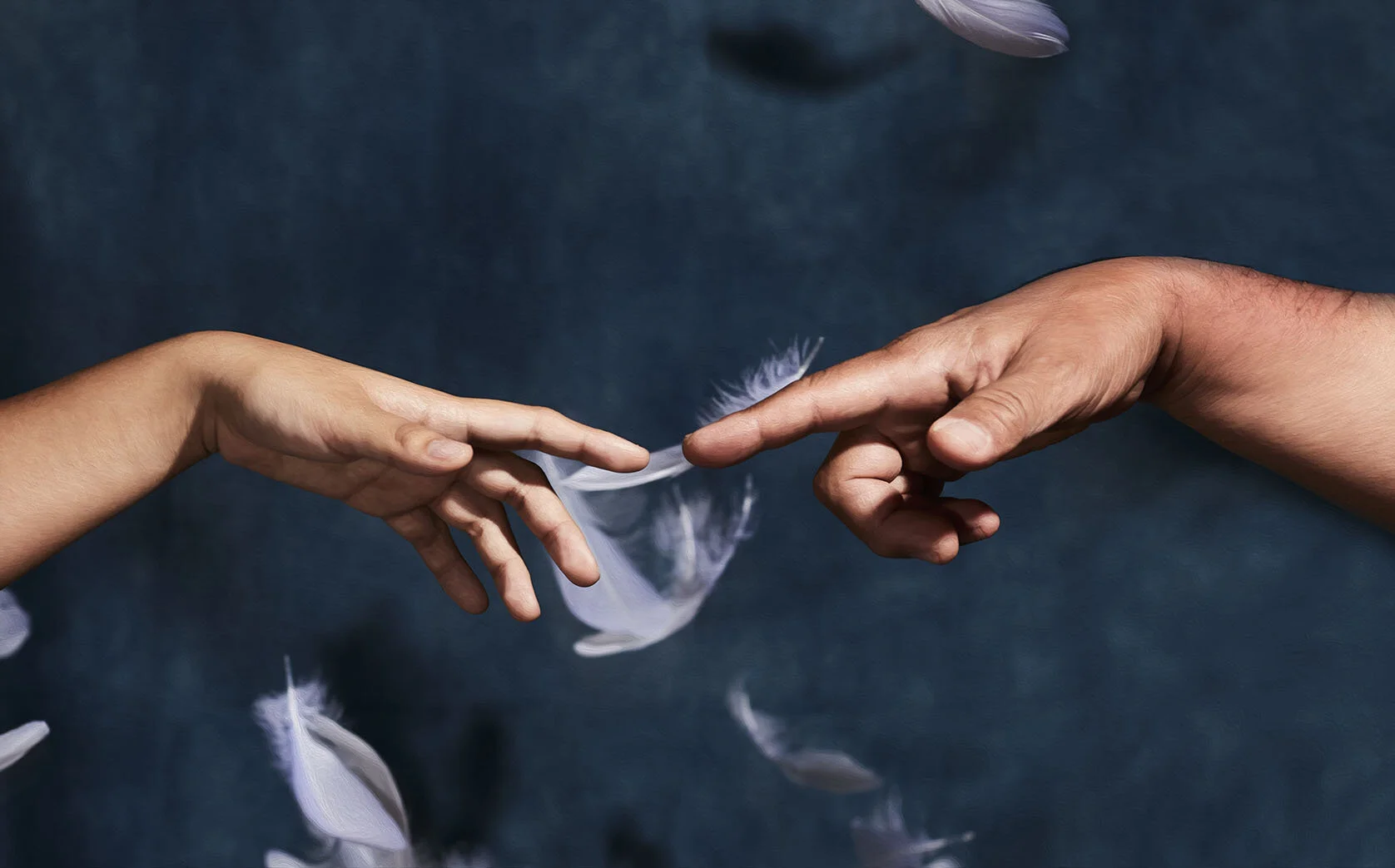 Two hands reaching towards each other with floating white feathers against a dark background.