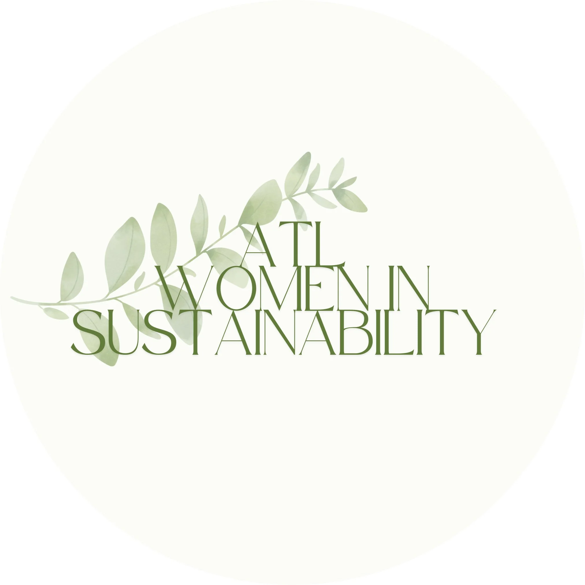 Text reading 'All Women in Sustainability' overlaid on a green leafy branch background