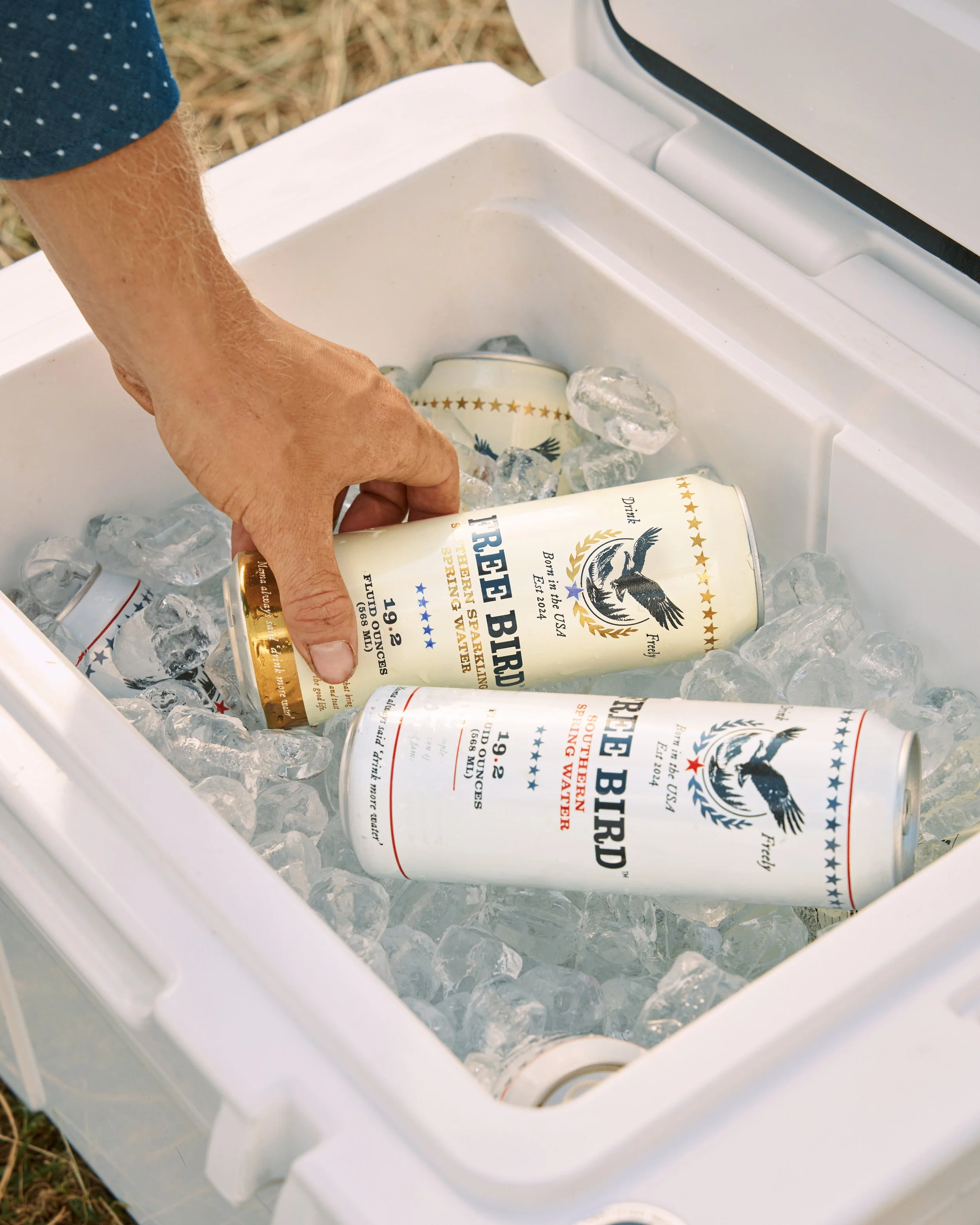 A person placing a can of beer into a cooler filled with ice cubes, with other cans already inside.