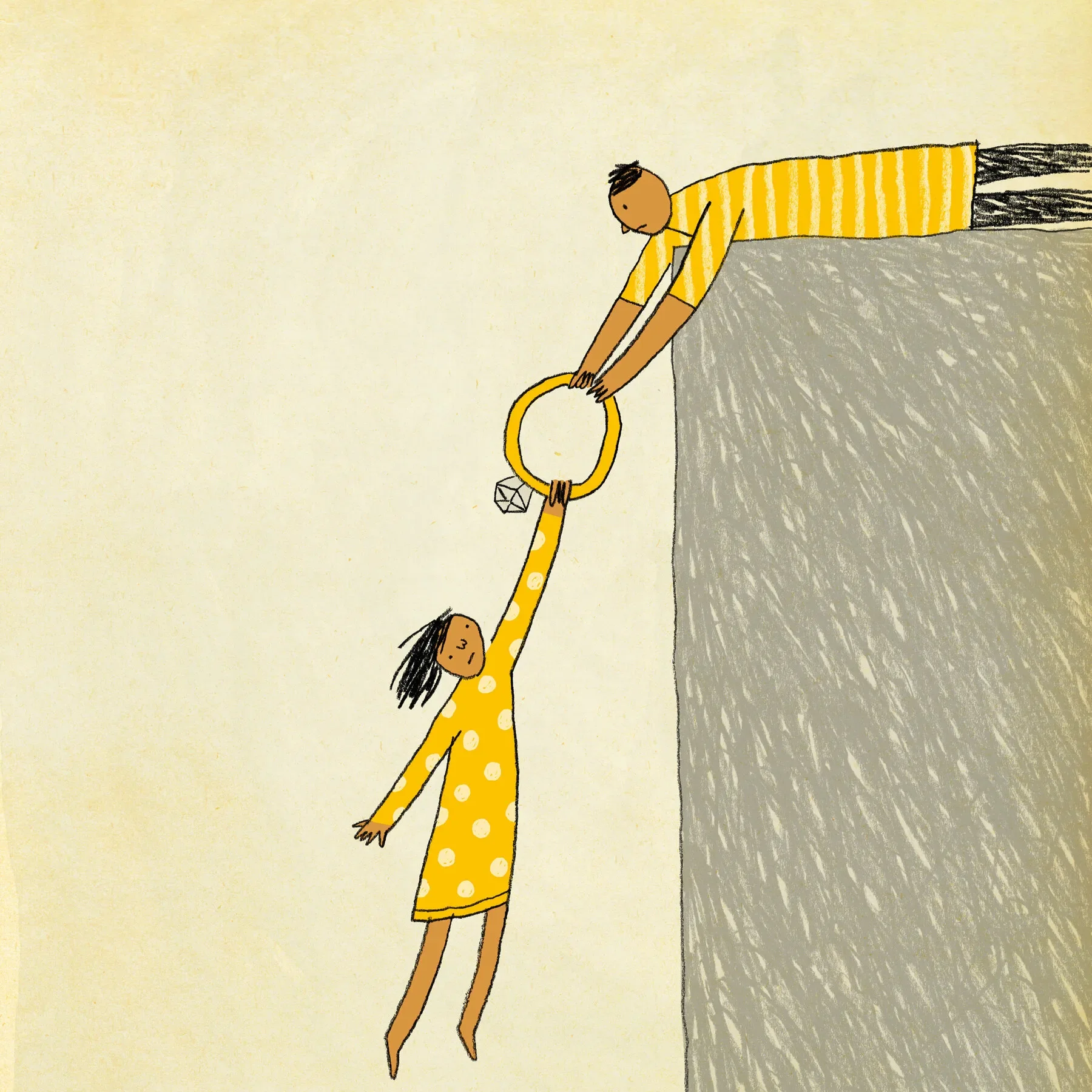 An illustration of a woman hanging from a cliff, holding on to an engagement ring, that is also being held by her partner who is lying on top of the cliff