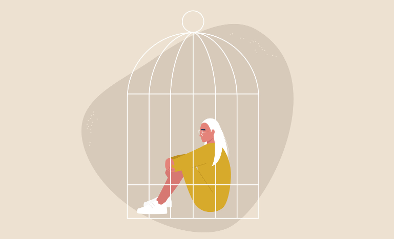 A cartoon woman sits in a cage