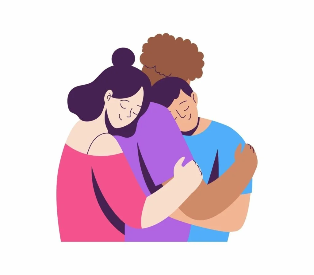 An illustration of three people embracing