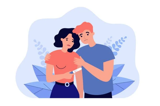 An illustration of a couple looking at a pregnancy test looking sad