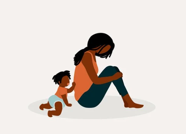 An illustration of a mother, clearly feeling sadness and depression while her baby reaches for her