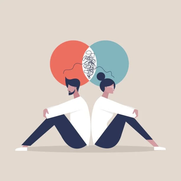 An illustration of a couple sitting back to back, with a drawing of a venn diagram above them to illustrate confusion and discord between them