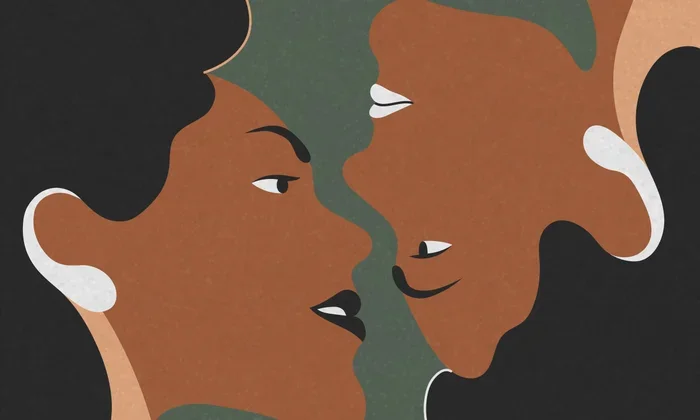an illustration of two faces intimately close together