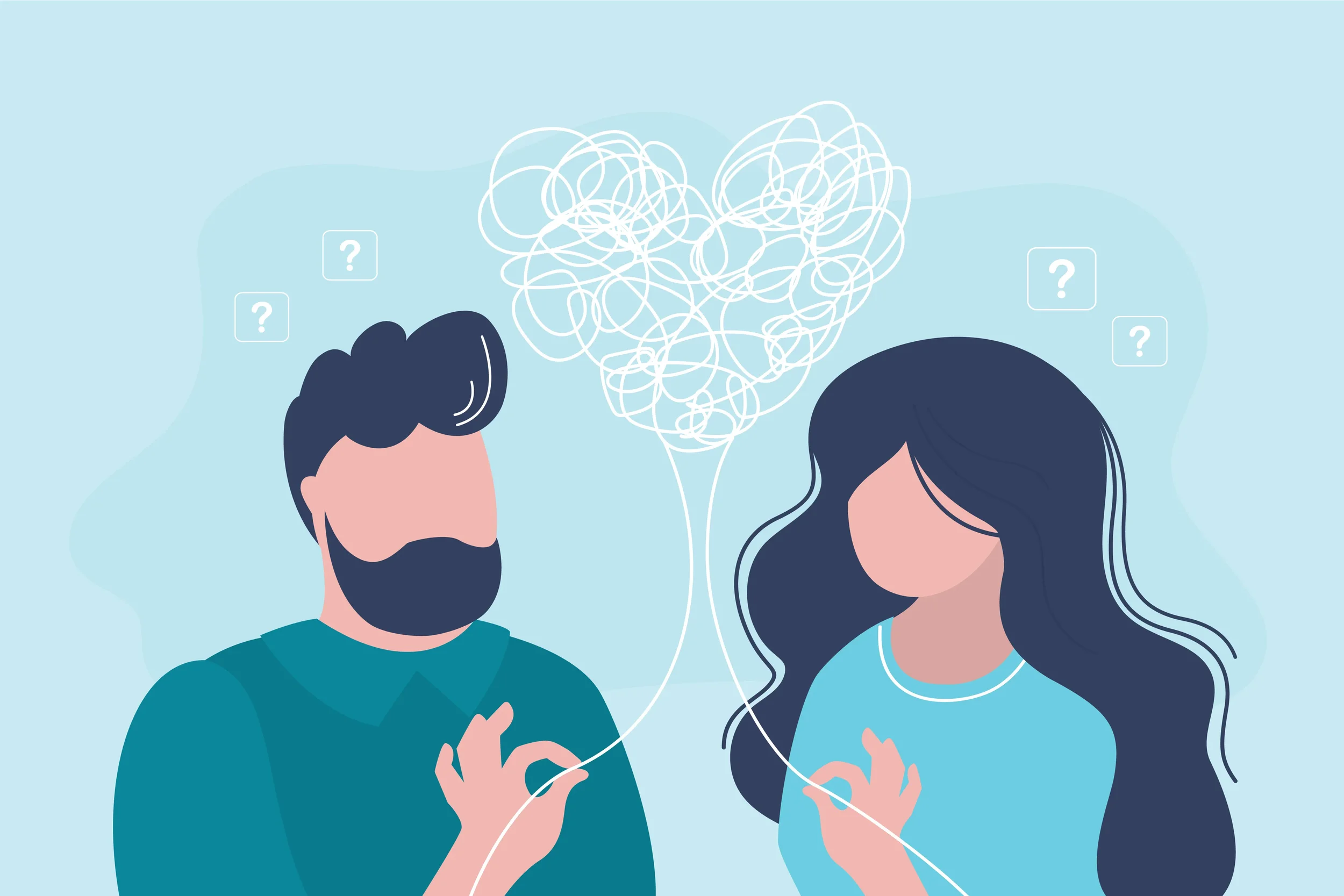 An illustration of a couple holding threads that tangle into a shape of a heart above their heads