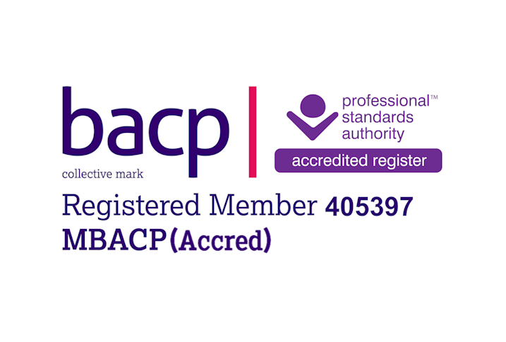 This is a certification badge from the British Accredited Certification Professionally Standards Authority, showing the initials 'bacp' in purple, a registered number 405397, and the designation MBACP (Accred) for a registered member.