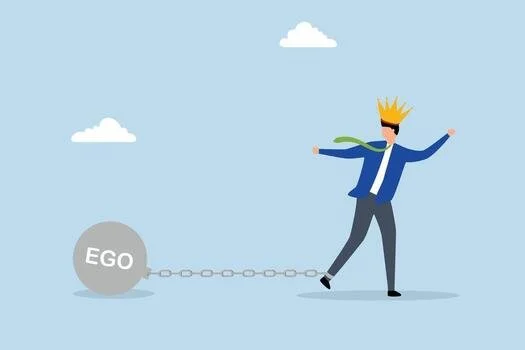 Narcissist Illustration of man connected to ego ball and chain while wearing crown