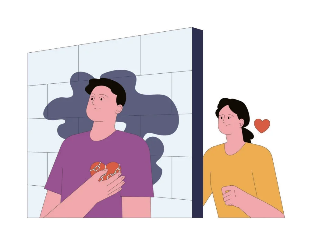 A cartoon image of two partners on opposite sides of a wall