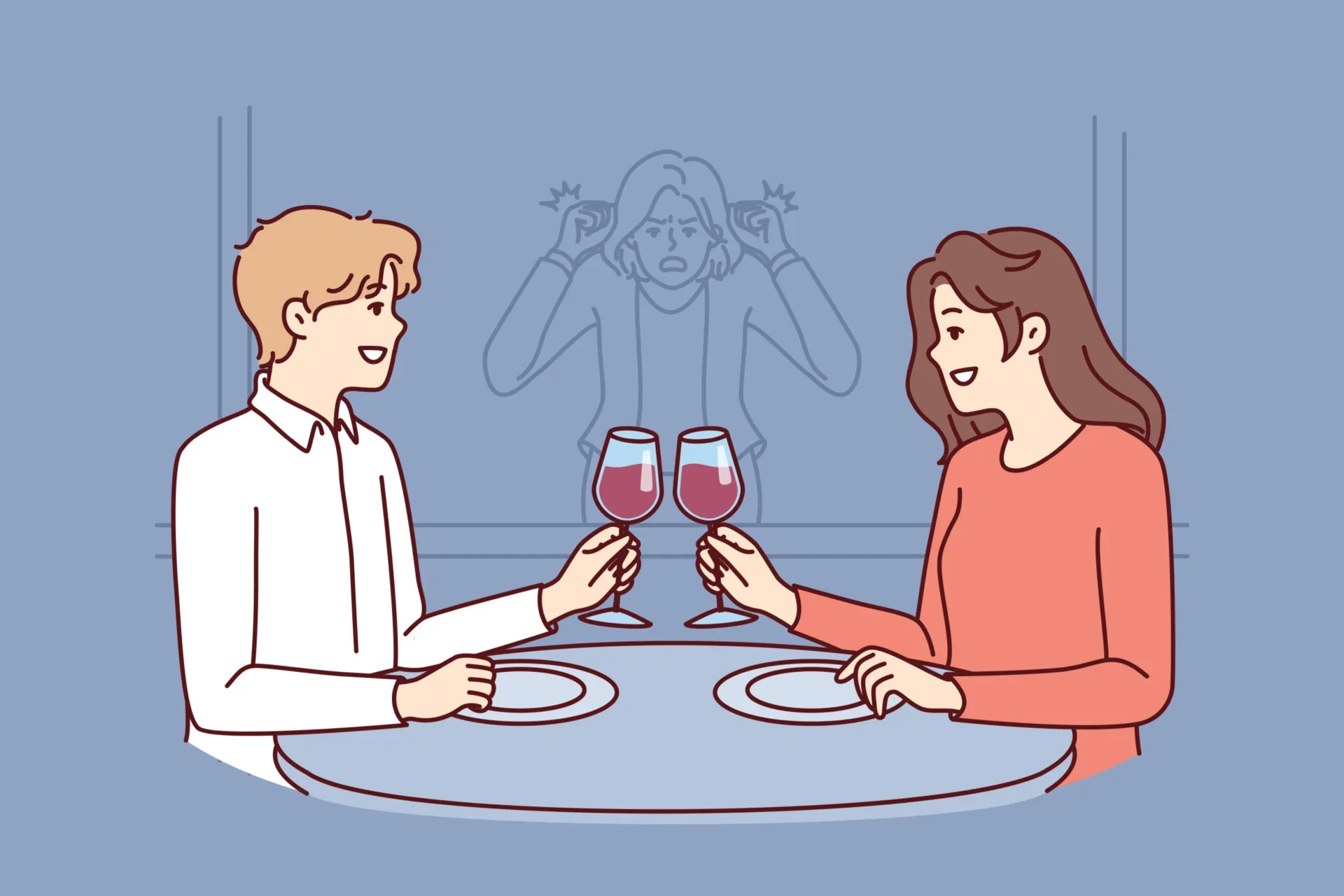 An illustration of a man and woman sitting in a restaurant looking happy while a woman is outside looking angry while banging on the glass
