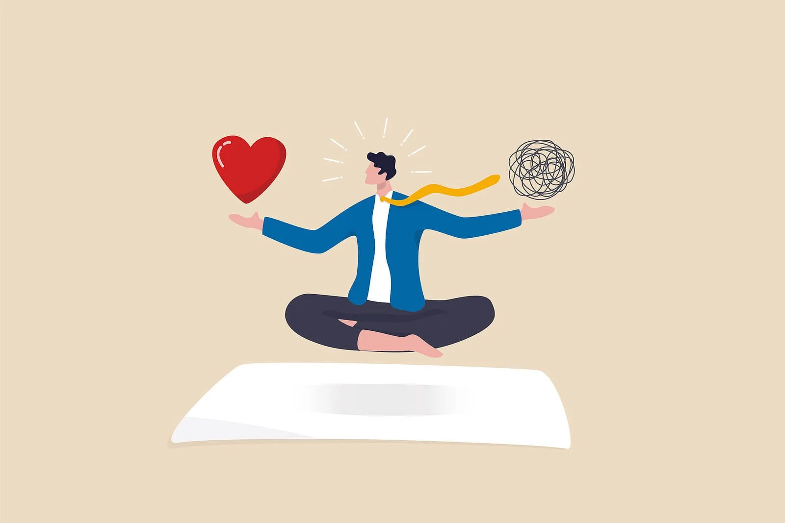 An illustration of a man holding a heart in one hand and a scribbled ball in another to represent confusion