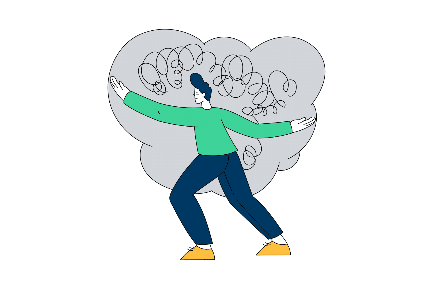 An illustration of a man holding a cloud of tangled lines representing his mental process and feelings