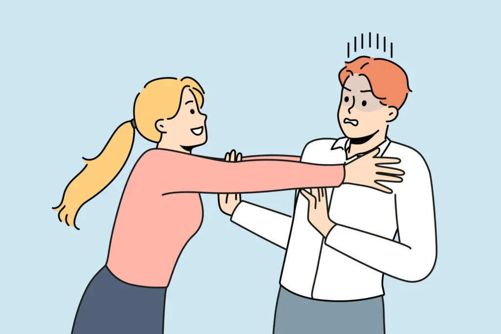 An illustration of a woman reaching out to a male partner seeking to embrace but he is stopping it