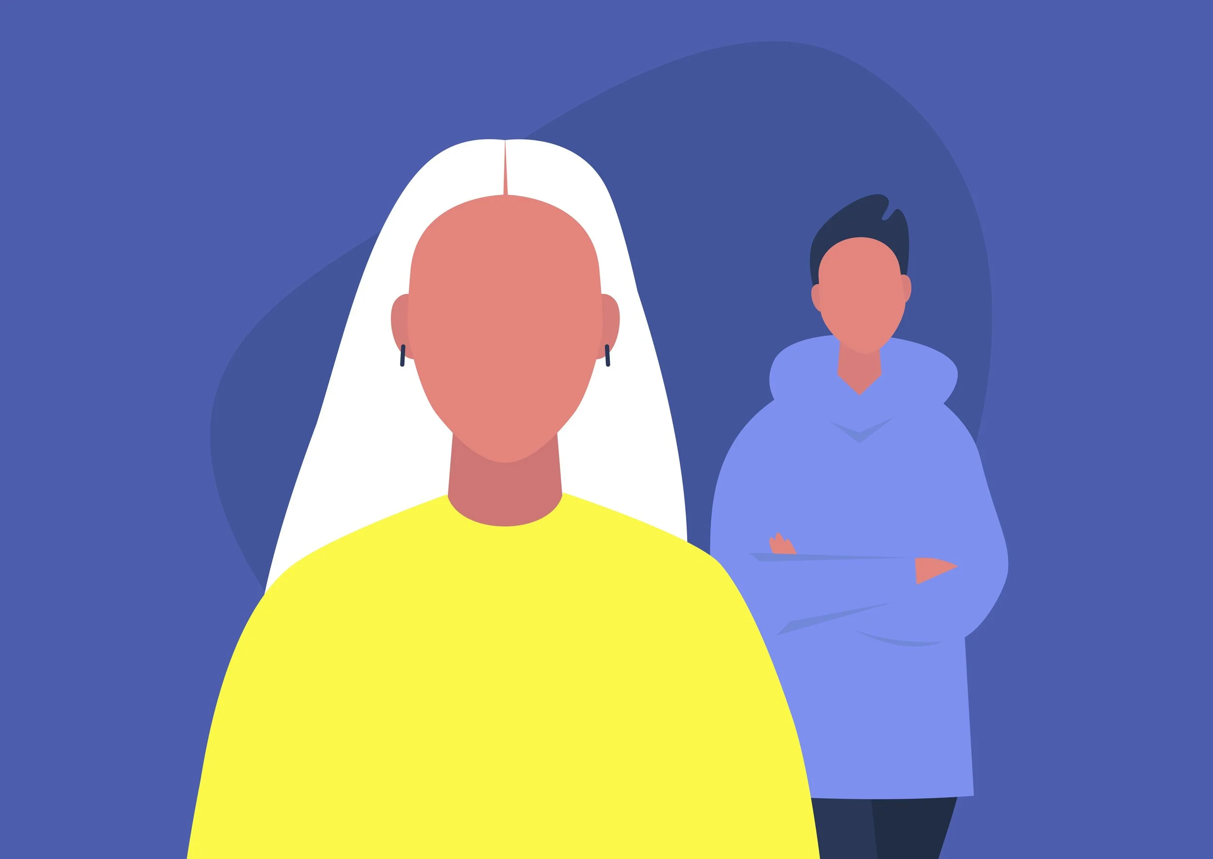 An illustration of a woman standing in the foreground with a partner standing behind with arms crossed