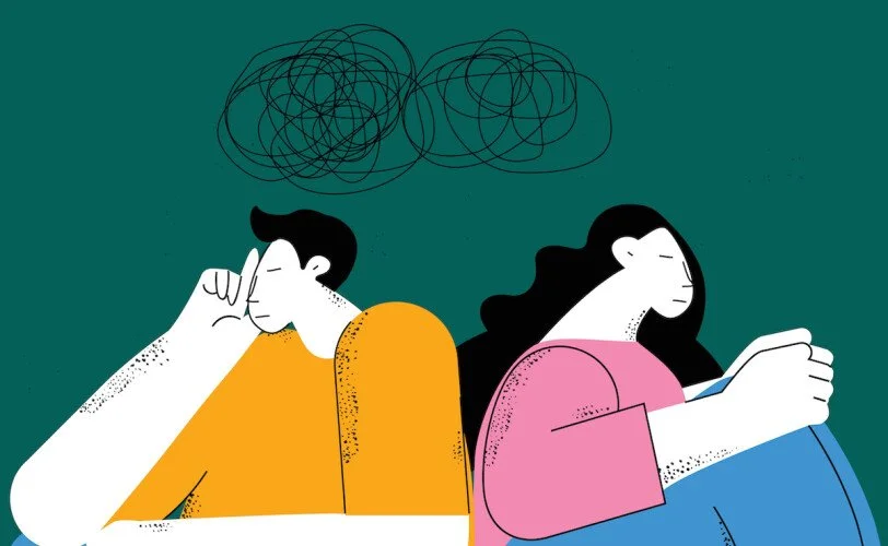 An illustration of a couple sitting back to back with a scribble over them representing tangled communication