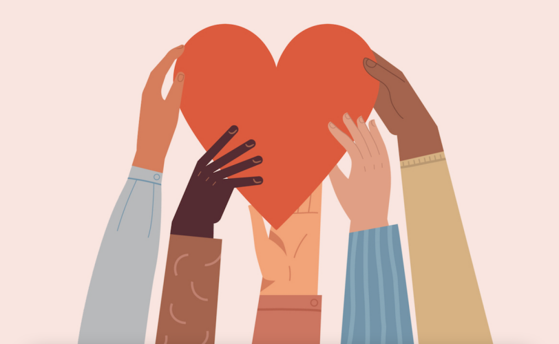An illustrated image of a heart being held by 5 hands from different people