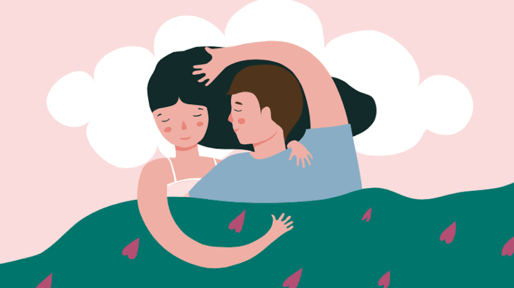 An illustration of a couple in bed, looking content and connected