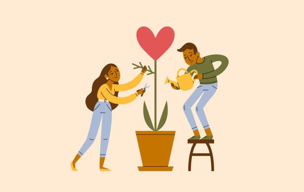 An illustration of a couple tending to a plant with a heart at the top representing tending to their relationship