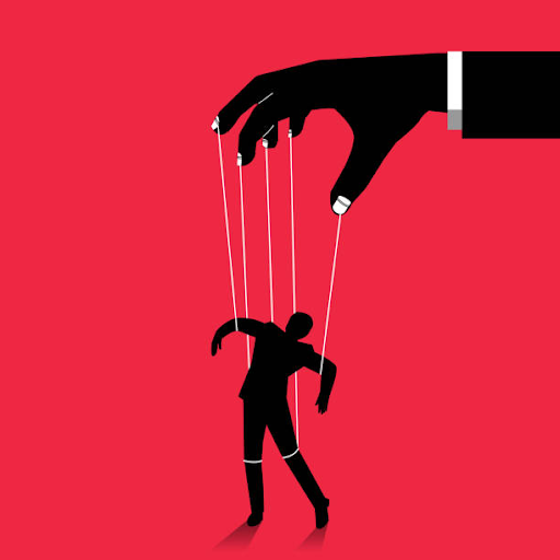 An illustration of a large hand with strings emerging from the fingers connected to a small outline of a person who is being controlled by the strings