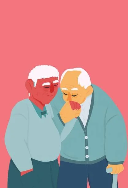 An illustration of an older gay couple with grey hair, holding hands and one kissing the back of the others hand.