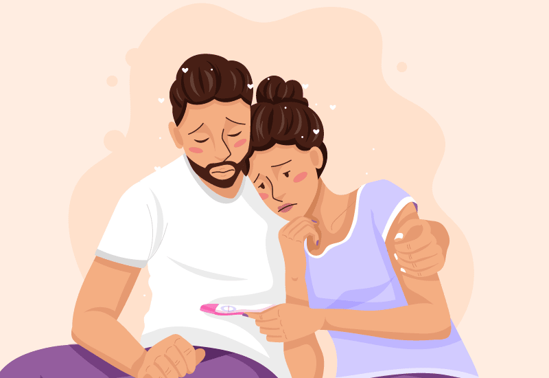 An illustration of a man and woman looking sad and disappointed while holding a pregnancy test