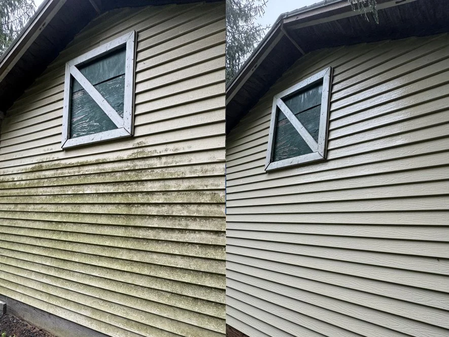Comparison of house exterior before and after cleaning, showing a window with a cross detail. The left side is dirty with moss and grime, while the right side is clean and bright.