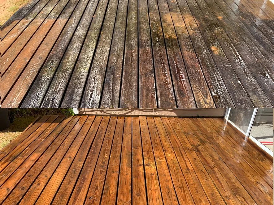 Comparison of a stained and cleaned wooden deck, showing before and after cleaning and staining.