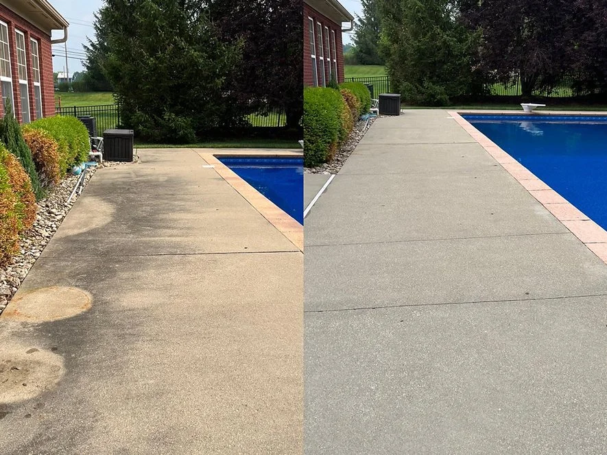 Comparison of a concrete poolside walkway before and after cleaning, showing dirt and stains removed.