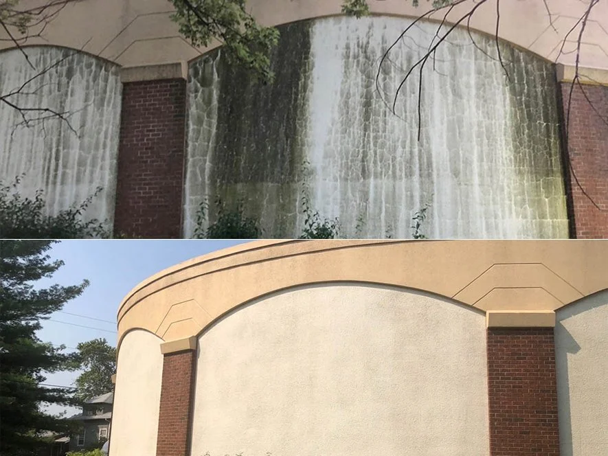 Comparison of a dirty, weathered water fountain wall at the top and a clean, recently renovated wall at the bottom.