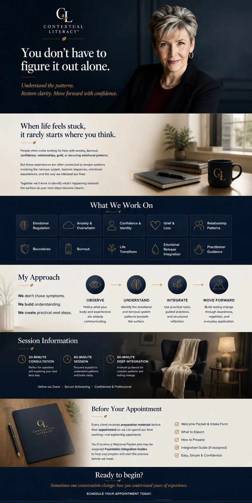 A promotional poster for Michelle R. Gerdes, Contextual Literacy™ practitioner, offering educational and guided sessions focused on emotional awareness nervous system patterns, and personal understanding.
