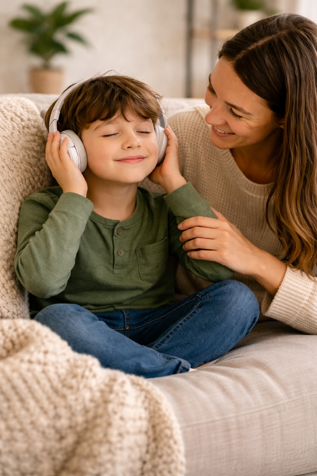 Child calming down with music and parent support