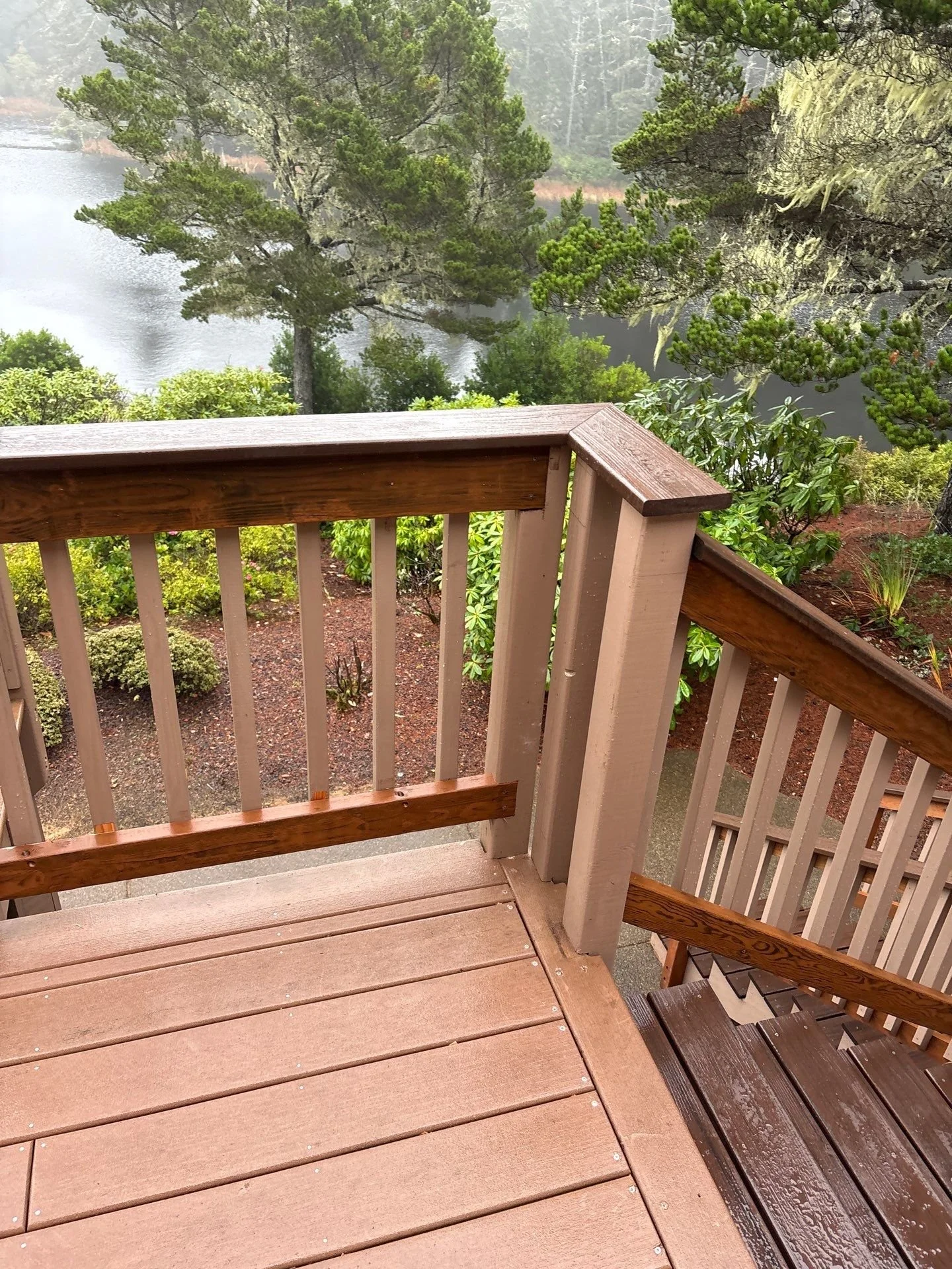 A view from a wooden balcony overlooking a lakeside landscape with trees and shrubs, with misty weather.