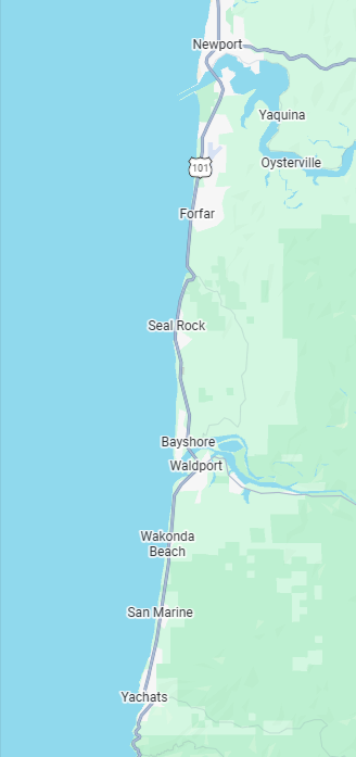 Map showing a coastal area with towns and cities along Highway 101, including Newport, Yaquina, Seal Rock, Bayshore, Waldport, Wakkonda Beach, San Marine, and Yachats, with the Pacific Ocean on the left and inland green areas on the right.
