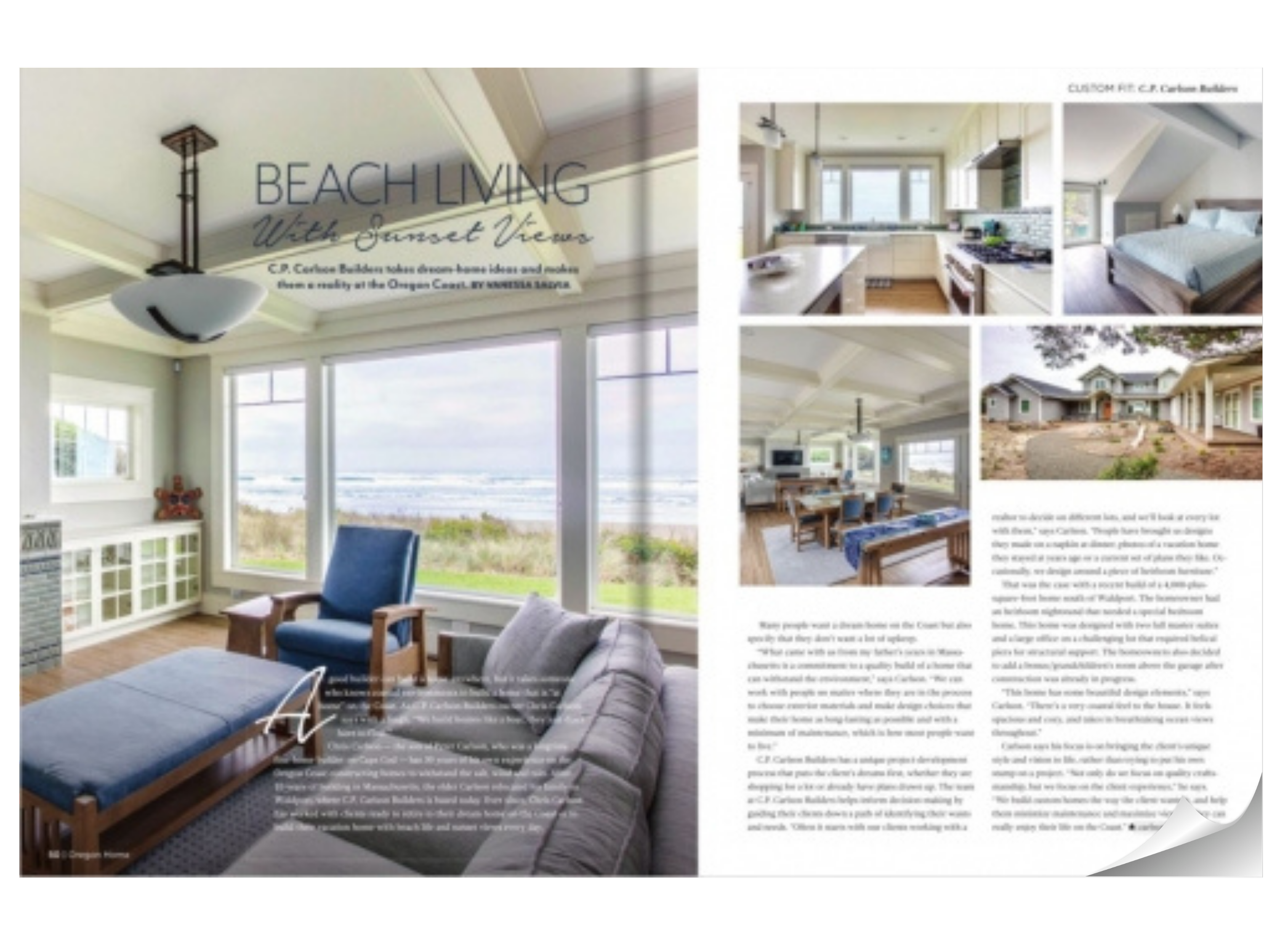 A magazine spread featuring beach house interiors with large windows overlooking the ocean, including a living room with a blue chair, kitchenette, bedroom, and outdoor landscaping, with text about coastal living and home designs.