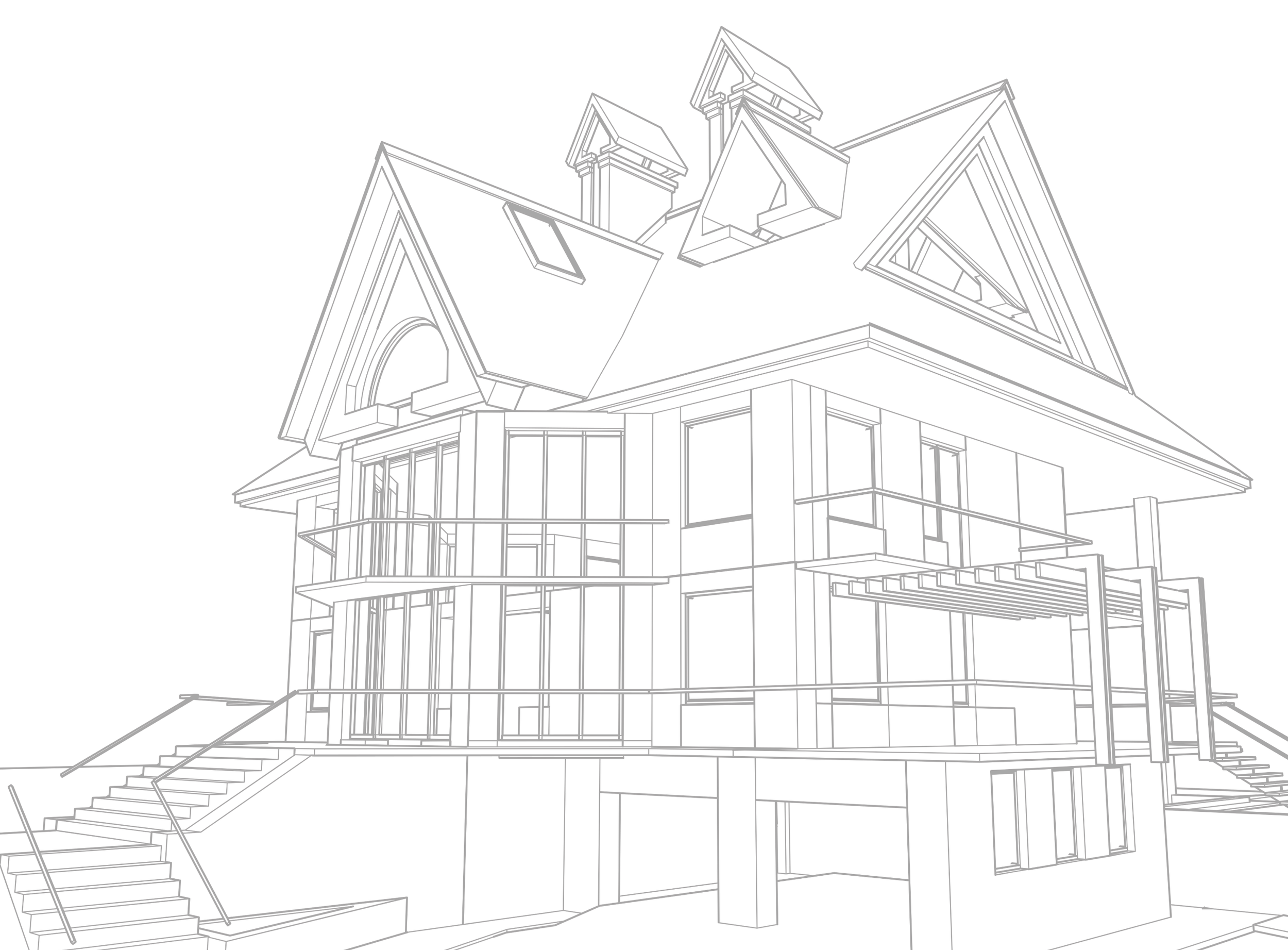 Outline drawing of a large, multi-story house with a sloped roof, chimneys, and a wrap-around porch, with stairs leading up to the entrance.
