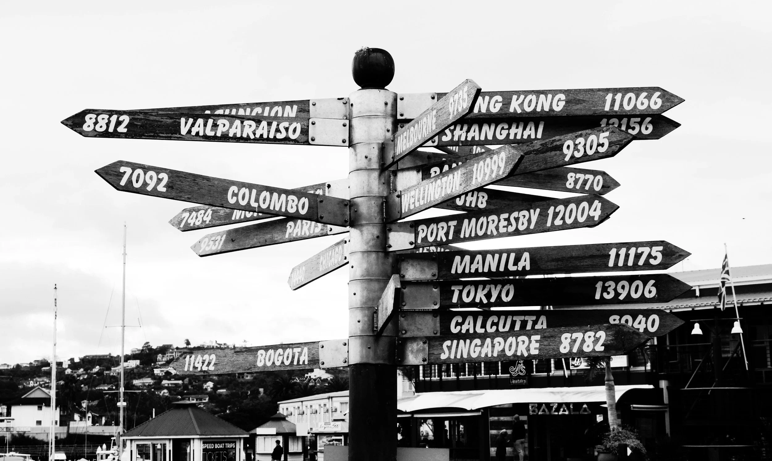A black and white photograph of a wooden directional signpost with multiple arrows pointing in various directions, each showing destination names and distances or flight numbers.