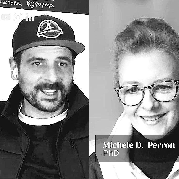 Split-screen portrait of a man wearing a baseball cap and a woman with glasses, smiling, with text overlay reading 'Michele D. Perron PhD'