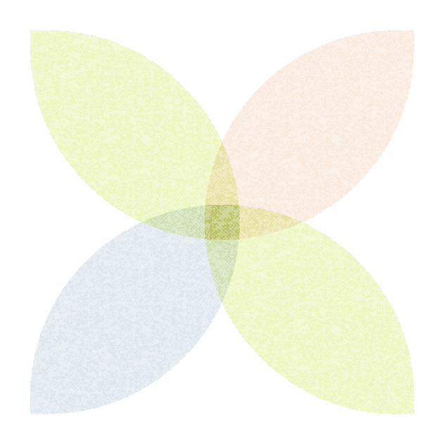 Colorful abstract design with four overlapping leaf-shaped segments in pastel shades of green, peach, blue, and yellow.