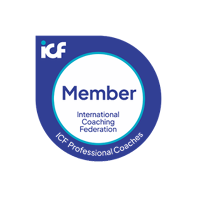 ICF Member badge for the International Coaching Federation with a blue circular design and the words "ICF Member" and "International Coaching Federation" inside.