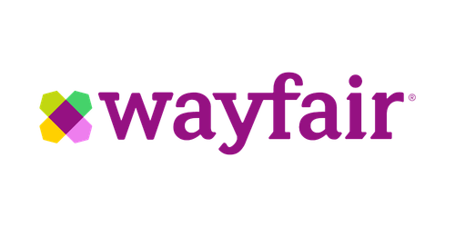 Wayfair logo with purple text and a colorful geometric icon