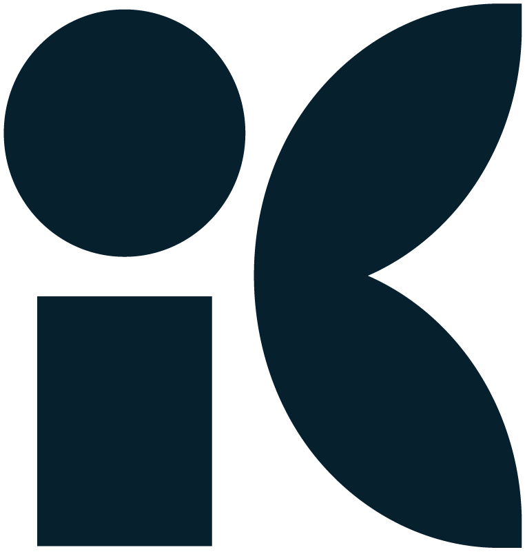 A stylized dark blue logo with a circle, a rectangle, and two overlapping leaf shapes.