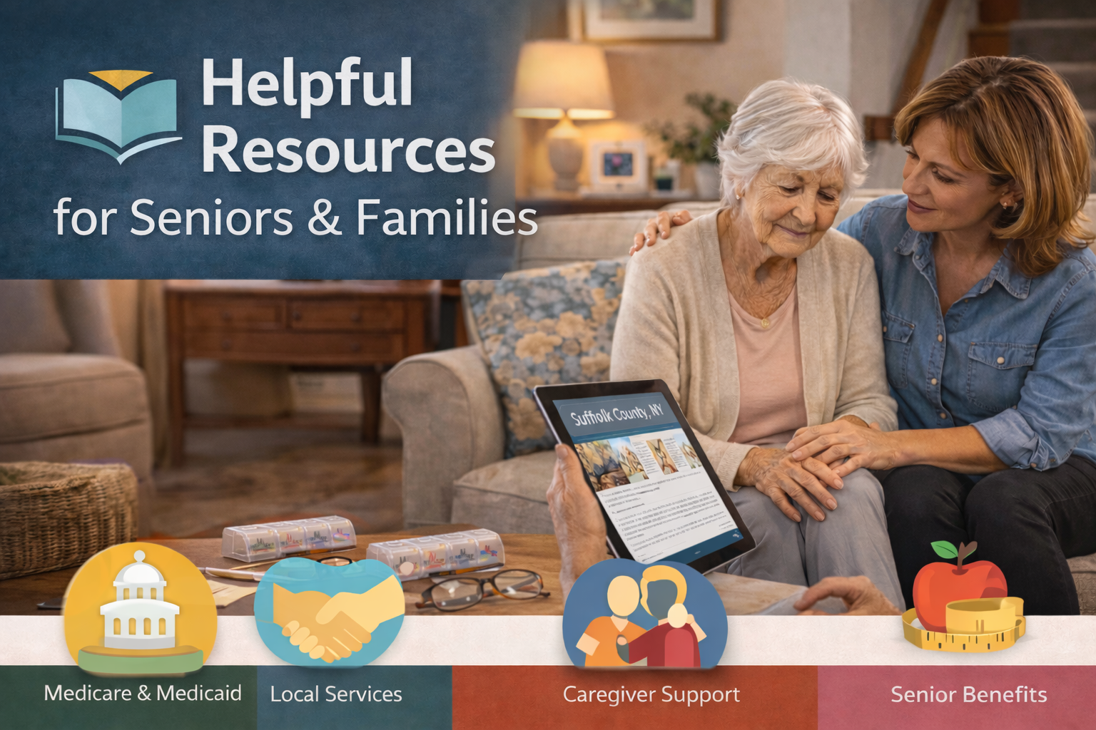 A banner showing helpful resources for seniors and families, including Medicare & Medicaid, local services, caregiver support, and senior benefits, with an image of an elderly woman and a caregiver looking at a tablet.