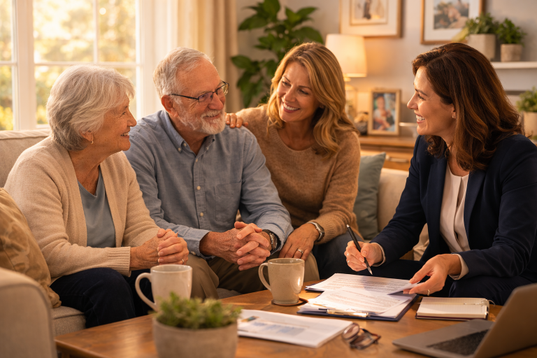 Four adults, two elderly women and a middle-aged man and woman, sitting together in a cozy living room, smiling, having a discussion, with papers, notebooks, coffee mugs, and a laptop on the table.