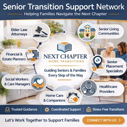 Diagram illustrating the Senior Transition Support Network for helping families with home transitions, including elder law attorneys, senior living communities, senior placement specialists, healthcare providers, home care and companions, social workers and care managers, financial and estate planners. The network offers trusted guidance, coordinated support, and stress-free transitions.
