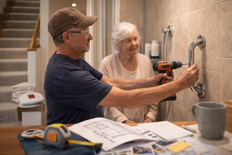 An elderly woman with white hair watches as a man in a baseball cap and glasses installs a grab bar on a bathroom wall using a cordless drill.