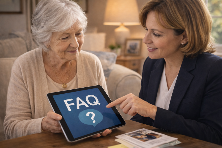 A younger woman in a business suit points to a tablet displaying 'FAQ' with a question mark. An older woman looks at the tablet, sitting at a wooden table in a cozy living room with a lamp and framed photo in the background.