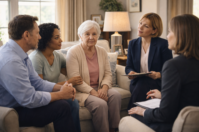 A group of five people, including an elderly woman, engaged in a discussion in a living room during a therapy or counseling session.