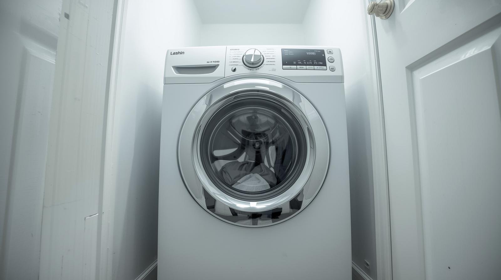 Front view of a white washing machine in a laundry room, with the door closed and laundry inside.